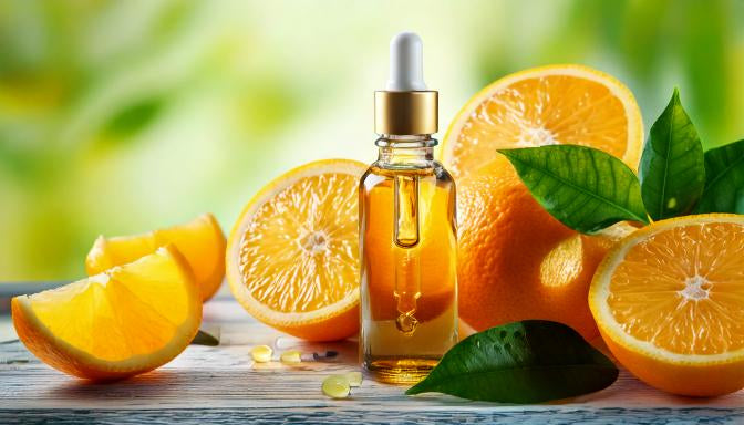 Oranges with bottle of Vitamin C